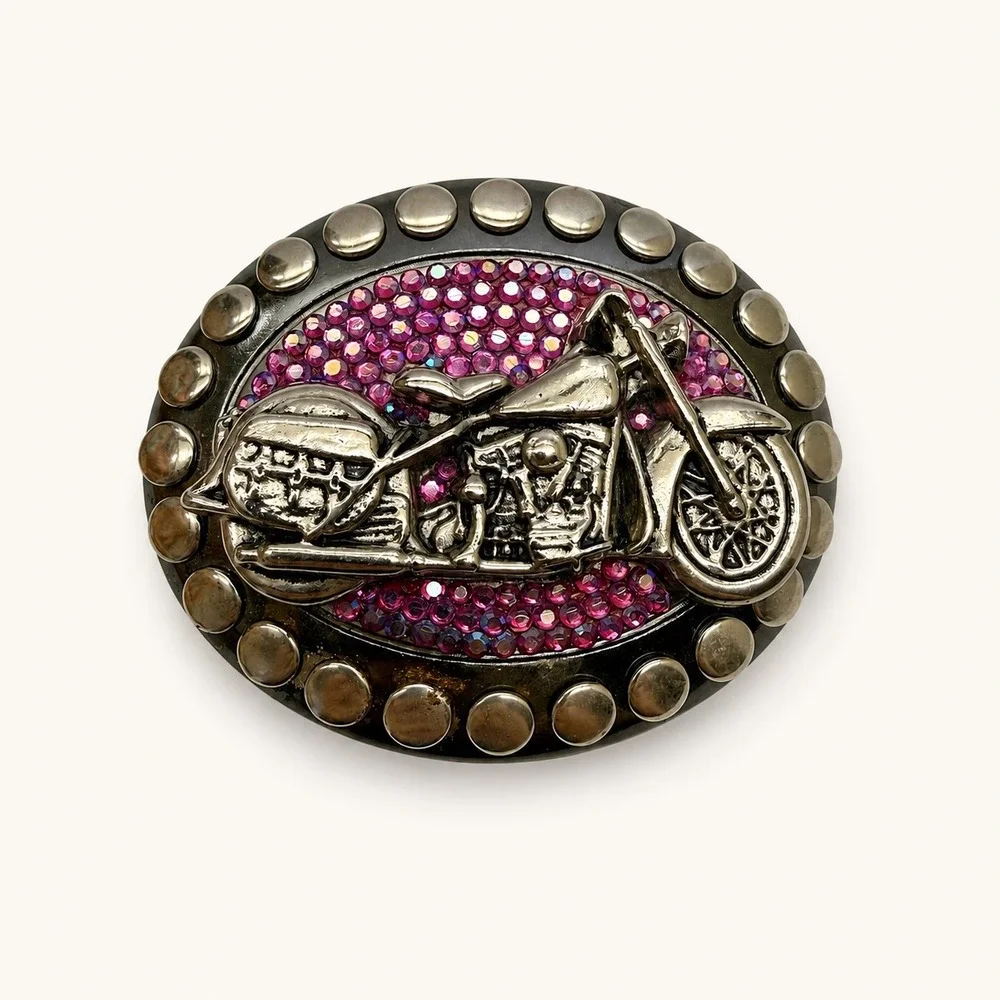 Womens OS Belt Buckle Pink Rhinestone Motorcycle Studded Oval Silver Biker Moto